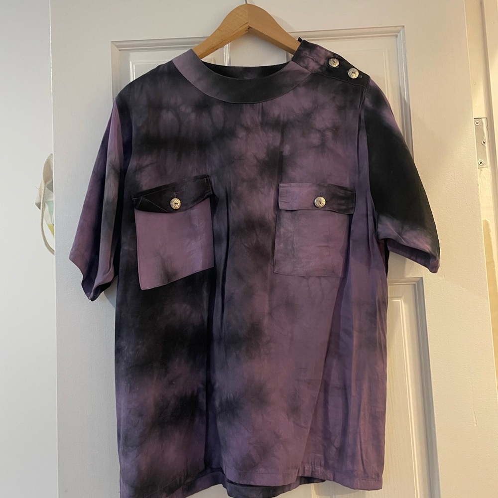 Purple and Black Tie-Dye Shirt with Button Details